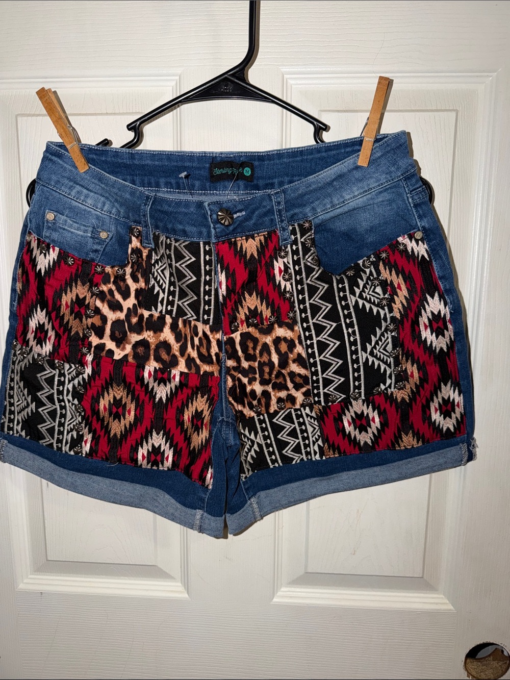 Patchwork Tribal & Leopard Denim Shorts - Blue